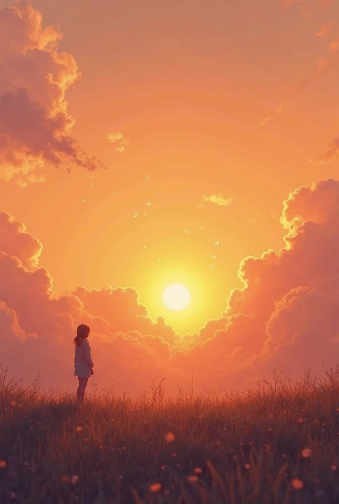 Create a dreamy sunrise scene where golden light softly breaks over a peaceful landscape. The sky is a blend of warm orange and soft lavender, symbolizing new beginnings. A lone figure stands in the distance, gazing up at the sky with quiet admiration, as ...