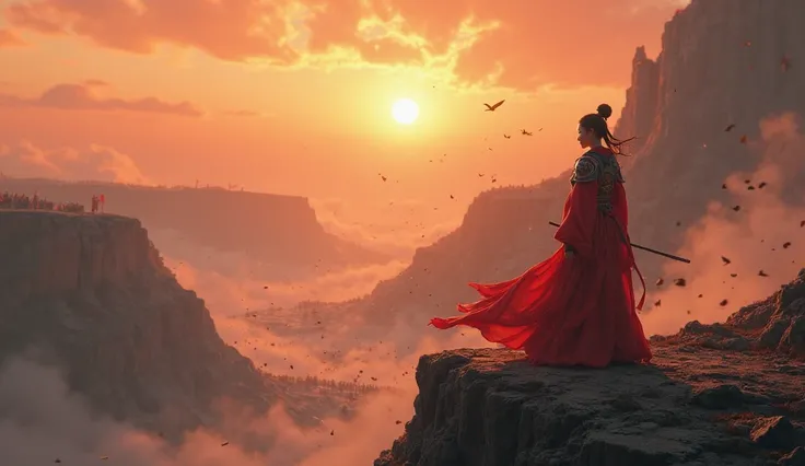 screen：On the Yangsha battlefield under the setting sun，Female General Song Youying in a red robe is isolated on a cliff，, enemy forces are approaching like a black tide