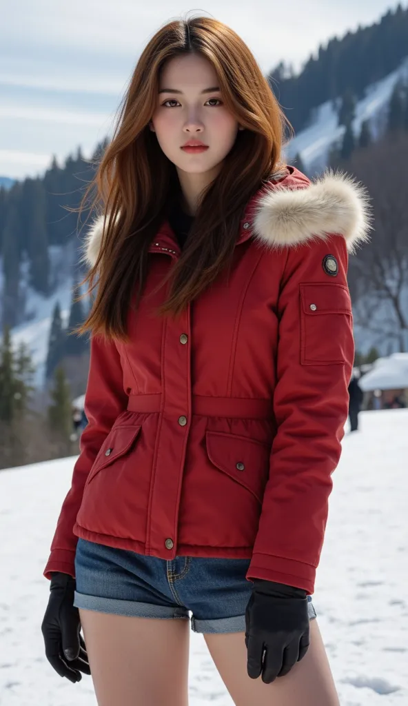 Claire Redfield from Resident Evil, posing seductively to viewer, solo:1, pov, beautiful thick thighs, realistic hands, standing
Sunny Ski resort background, long auburn hair, 3/4 body, off-shoulder buttoned winter jacket