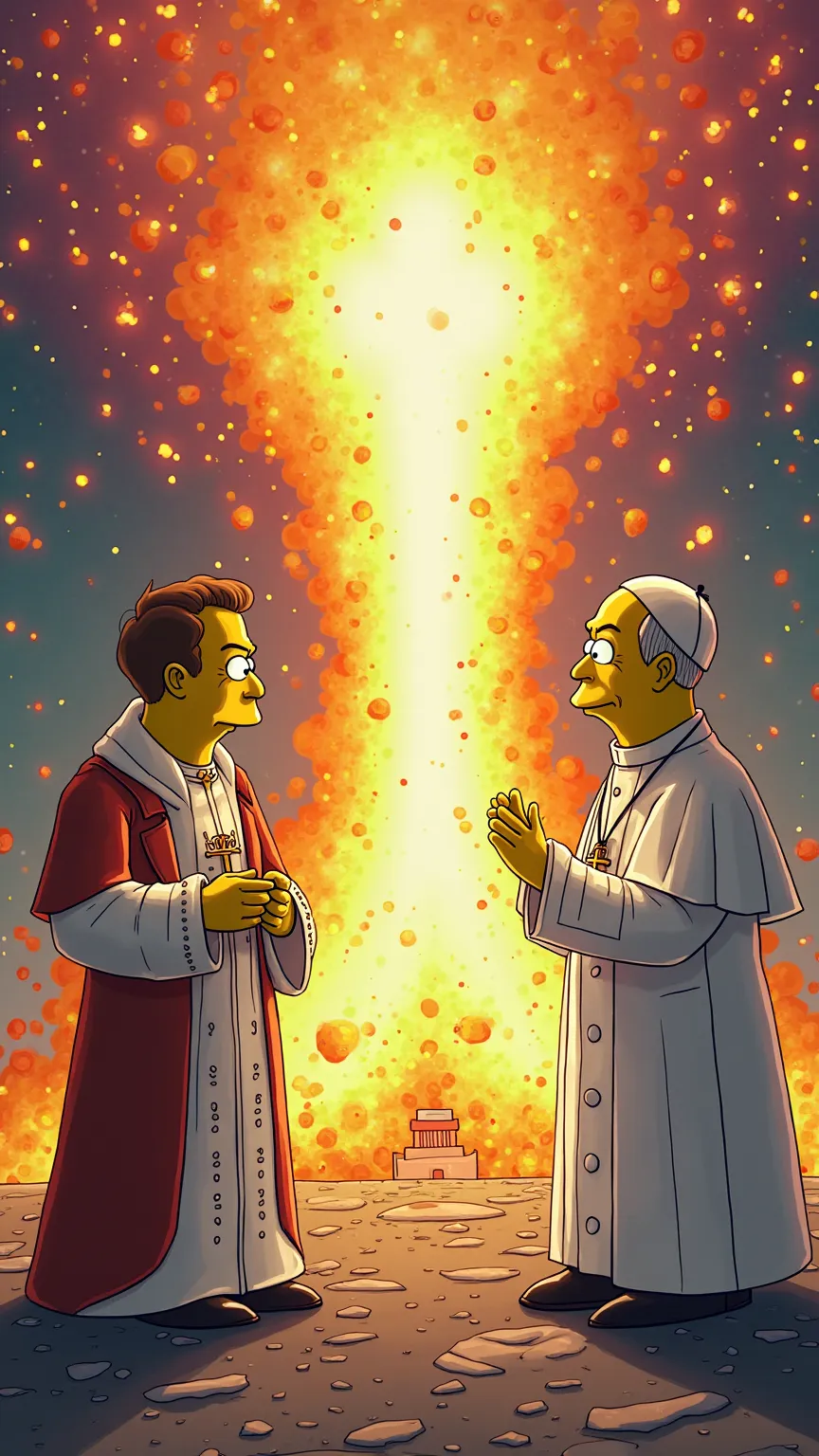  A dramatic scene where Elon Musk and Pope Francis stand on opposite sides of a giant, glowing collision of futuristic tech and holy symbols. The background is a massive explosion of bright colors—neon and gold—signifying the clash of ideologies. The exagg...