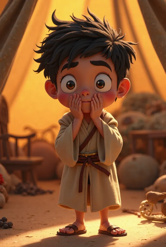 cam, a young man in simple robes and a surprised expression, enters the tent and sees an unconscious Noah. He covers his mouth, holding back laughter, and his eyes shine with malice as he prepares to go out and tell his brothers. In Disney/Pixar-style art.