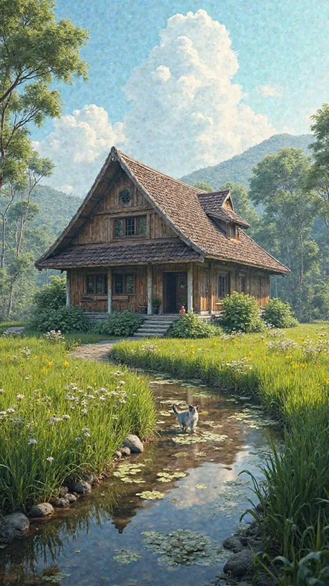 photo of a country house,like the original photo , village ,roof tile house ,road ,There are people sitting,Many flowers,many cats ,ricefield,clear weather ,sewer water,indonesia,4k quality , realistic 