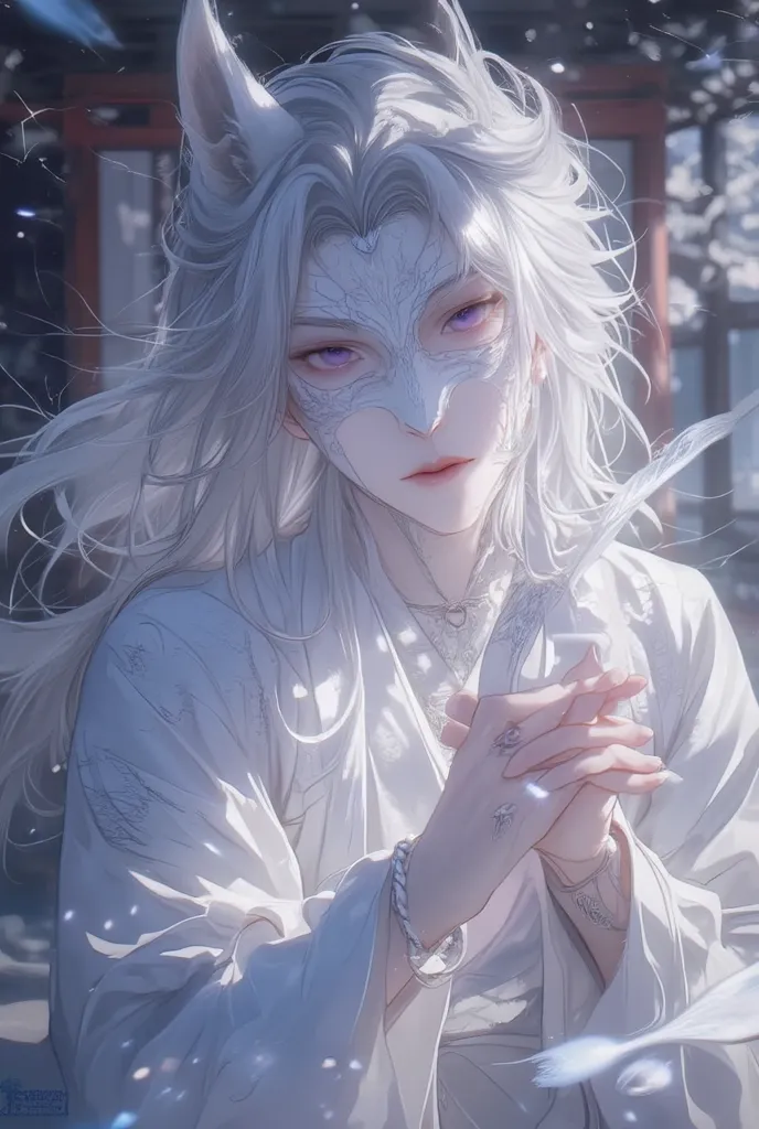 Beautiful Boy Wearing a White Fox Mask、 Silver Hair、 purple eyes、Japanese clothing、 is a shrine in the background、Foxfire
