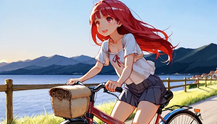  1girl , s,  red long hair , in , Drives on a (((Bicycle))), always slips her butts over the saddle, And makes an erratic face,  View from the front,  in the countryside, idyllic small town, early evening , UHD,  masterpiece,  best quality, 8k 