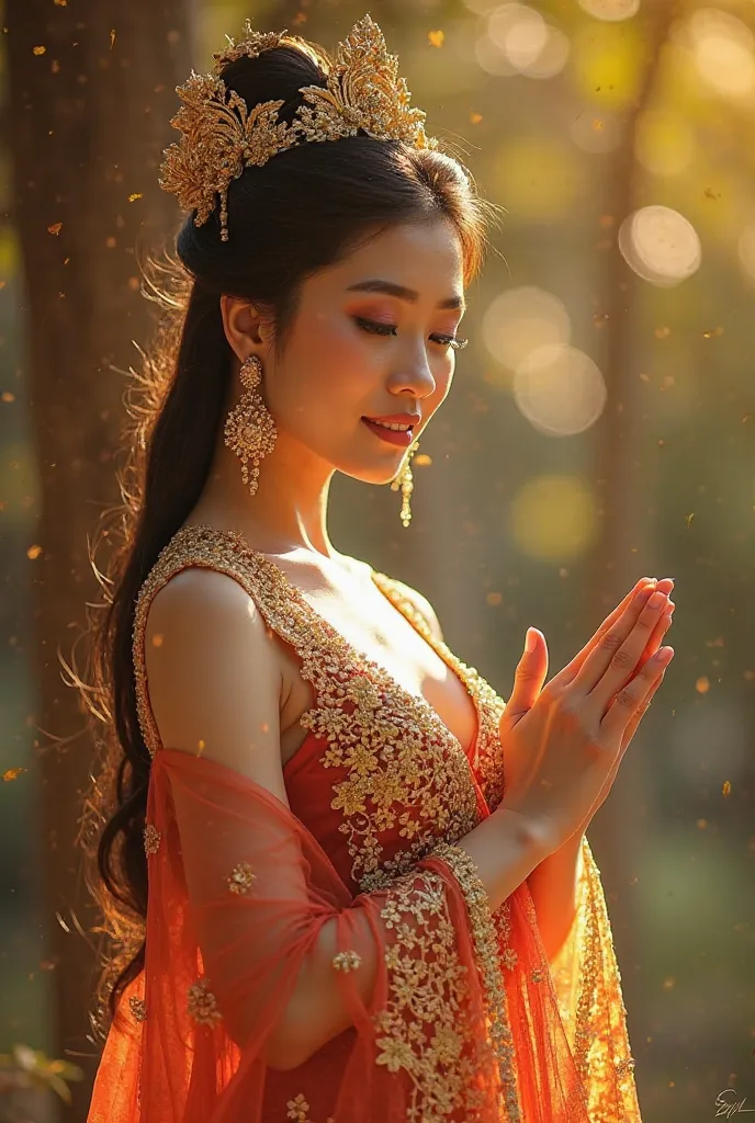 🔸กวักทอง🔸🫳💛
Prompt : Photograph of the nymph, the goddess of Thai prosperity, dressed in a magnificent native Thai dress, adorned with gold embroidery and intricate details. Her posture looked graceful and graceful, with her hands gracefully lowered into a...