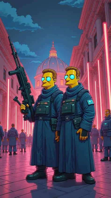 A humorous and exaggerated image of Vatican guards, cartoonishly large and holding advanced futuristic weapons. The scene shows bright neon lights and high-tech gadgets, all while the iconic Vatican architecture contrasts with the absurdly exaggerated secu...