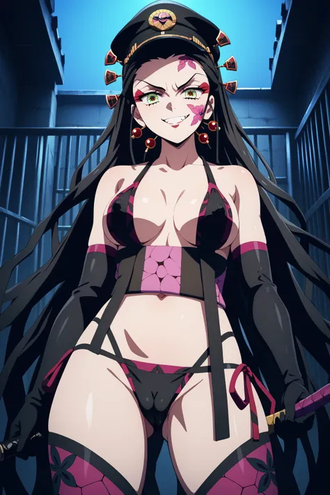 masterpiece,best quality,{{detailed beautiful face and eyes}}, very detailed background,
Daki,{{{megami magazine}}},very long hair,black hair,hair ornament,facial mark,forehead,single hair bun,green eyes,medium breasts,
(dominatrix:1.3),belt,elbow gloves,b...