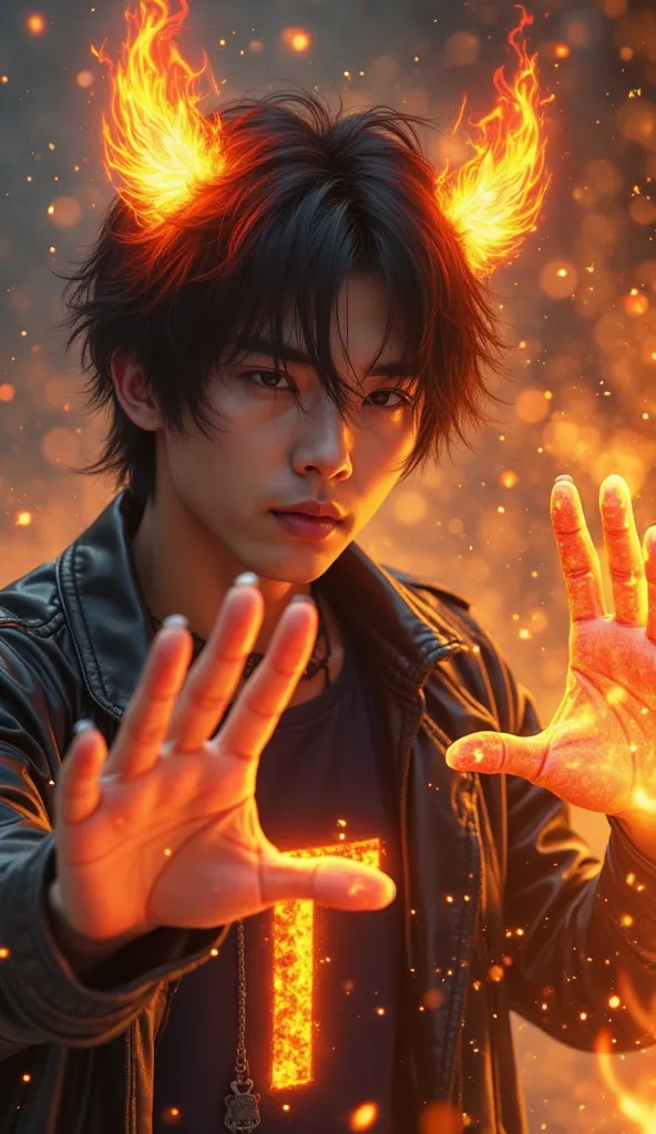 A handsome young Korean , with a mid-length black hairstyle, has two flaming tiger ears and smouldering red. wearing a black leather jacket with a black t-shirt that had the letter 'T' glowing like fire. palms controlling a fire burning red, The nails are ...