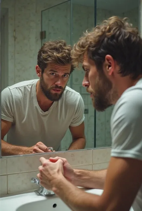 A man in the bathroom, gripping the sink and looking at the mirror with a worried expression. His face shows a mix of fear and frustration. Behind him, a distorted reflection of himself represents insecurity and lost confidence.