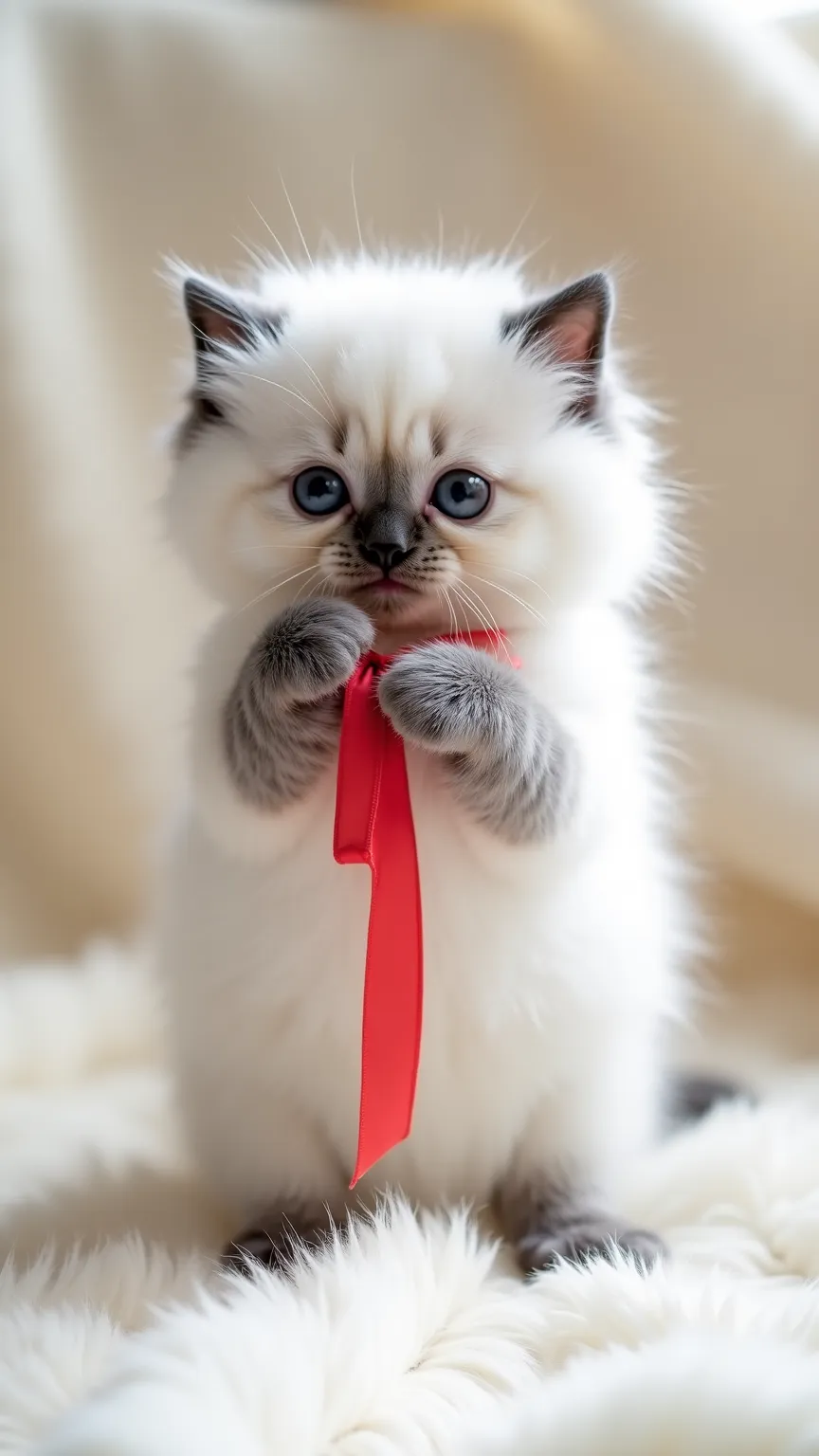 A fluffy white kitten with soft gray markings stands upright on its hind legs, holding a red ribbon delicately between its tiny paws. The kitten's big, round eyes gaze curiously, and its small ears are perked up, giving it an innocent and adorable expressi...