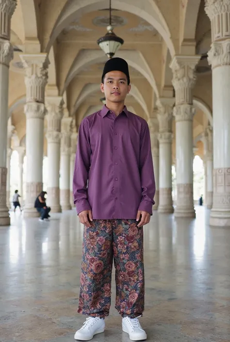  A young Malay man wearing a clean purple coco shirt, a batik sarong on the knee and a black coffee cap, white white Nike shoes, stands in a mosque inscribed with the inscription of the Dumai Islamic Centre on the coast of Riau..