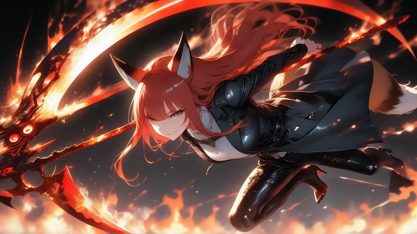 An HD scene a woman with red long hair and gray eyes, wearing black clothes and leather trousers, black long coat with black fur, high heels, smirking, with ((red fox ears)) and ((red fox tail)), jumping forward, high detail, high quality, best quality, 8k...