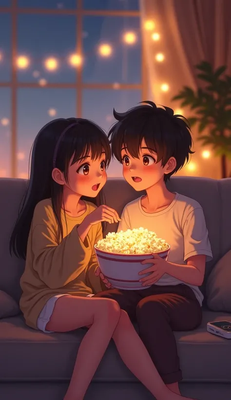 "A cozy and romantic indoor scene. A boy and girl are sitting together on a soft sofa, both dressed in comfortable in-house outfits—the girl wearing a loose, cozy top with shorts, and the boy in a casual t-shirt and lounge pants. They are sharing a big bow...