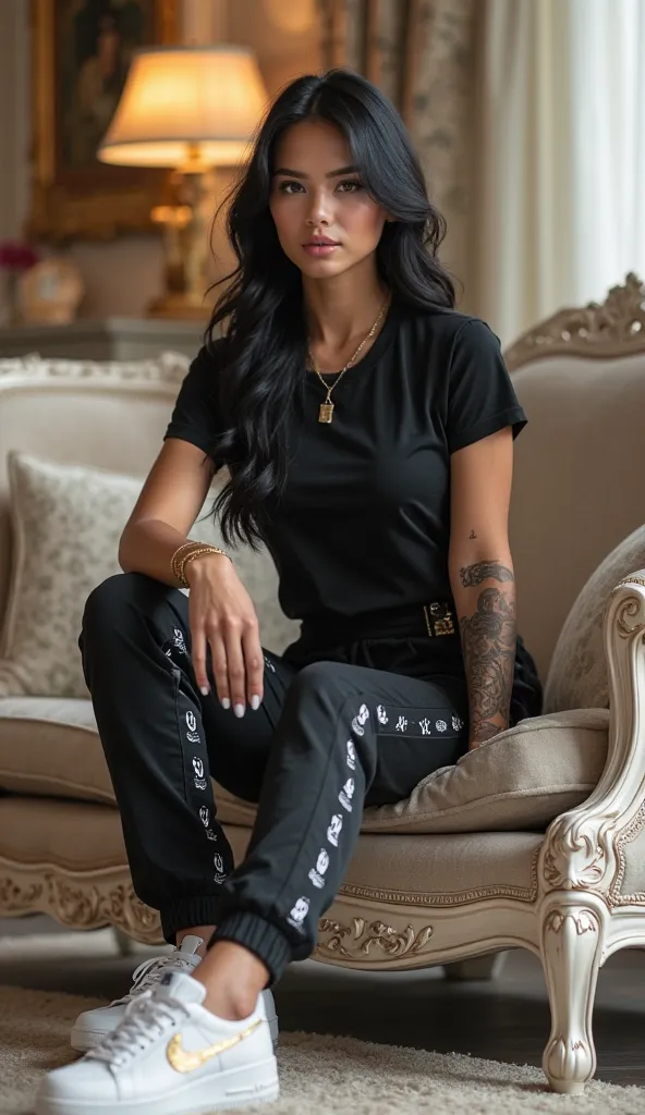 *"A high-quality digital image of a stylish young woman with European features, light skin, and long, sleek black hair, sitting casually on a luxurious, classic-style sofa with ornate, light-colored upholstery. She has a confident expression, with a delica...