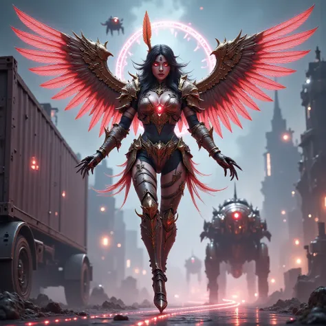 - Main Character, "Korean" Adult Woman, Beautiful, Tall, Long Legs, Pink Eyes, Golden Black Hair. Long Feather Accessory on Red Head.

- Wearing a costume ("Full Sexy Armor").
(Armor Chest and Thighs slightly open).
Futuristic Costume Design.
Has very eleg...