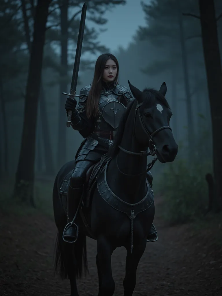 ((Dark Knight))、I'm riding a black horse、Sword、shield、Heavy Cavalry、background night wilderness、Cute girl、20 years old、woman, cute、super detailed,(((realistic, photo realistic, photo-realistic:1.37))), high definition ,超 high definition , Studio Lighting ,...