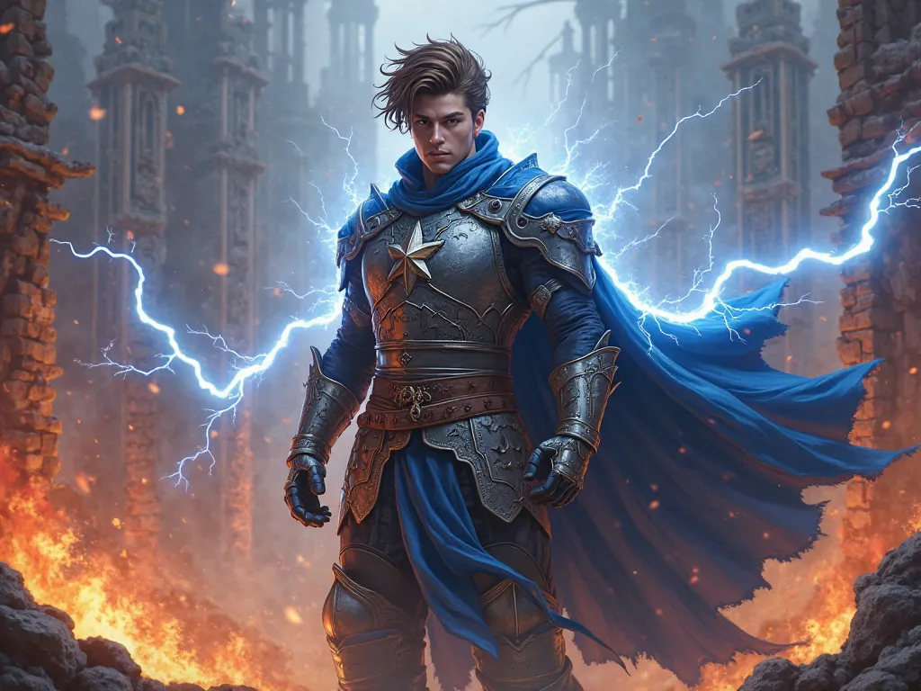 Face Warrior Prince brown hair lightning powers blue cape in a burning kingdom realistic medieval anime style 