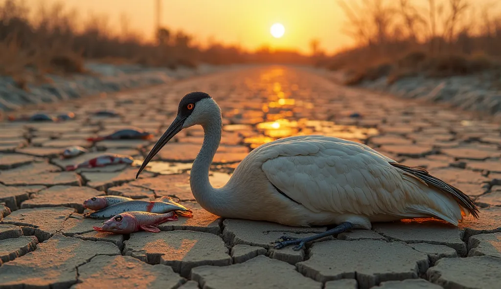 A crane lying weak and dying on a cracked, dry riverbed, its feathers ruffled and body frail. Small, shallow pools of water remain, barely sustaining life, emphasizing the severity of the drought. Scattered around are dead fish, their lifeless bodies addin...