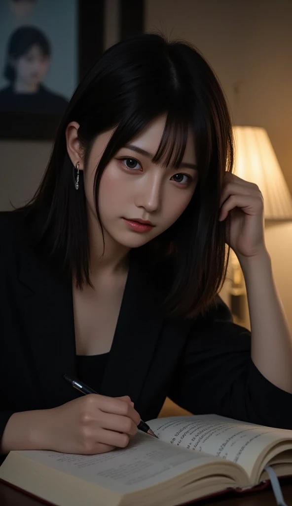 A young Japanese woman sits at her desk, deeply focused on her studies. In the dimly lit room, the soft glow of a desk lamp casts a warm, golden light, illuminating her delicate features. Her dark eyes trace the pages of an open book, her lips slightly par...