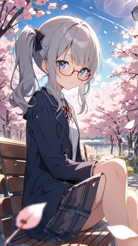 cherry blossoms、cherry blossoms吹雪、 School Grounds 、 bench、School building、1 girl,  blue eyes, Grey Hair, side ponytail、 red rimmed glasses、Dutch angle,  lens flare, background blur, 