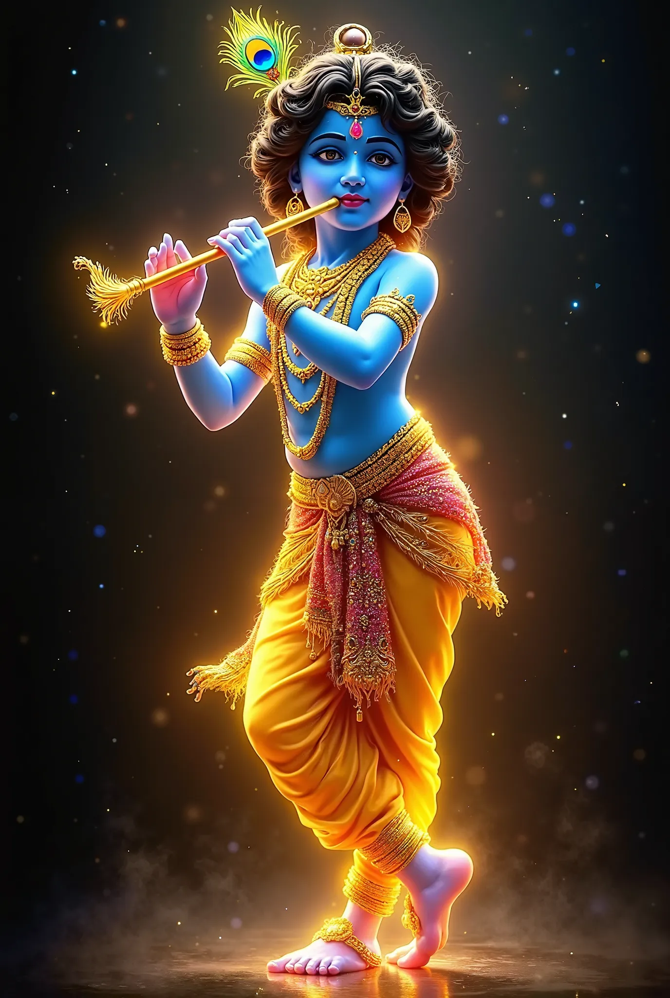 A divine depiction of Lord Krishna as a , standing gracefully while playing the flute. His skin is a radiant blue, glowing with a celestial aura. He wears golden-yellow traditional attire, shimmering with divine energy. His curly black hair is adorned with...