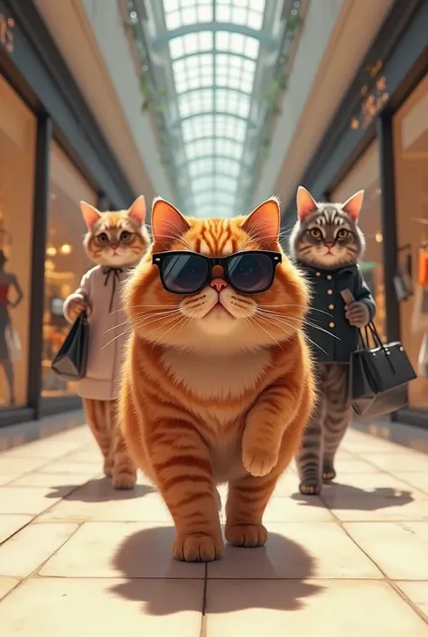 "A majestic Scottish Fold cat with fluffy orange and black fur walking confidently in a luxury shopping mall, acting like a boss, wearing stylish sunglasses, with two elegant female cats following behind carrying shopping bags, luxury brand stores in the b...