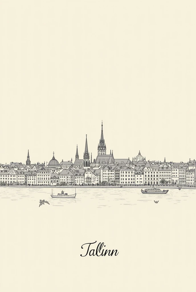 Minimalist beige background poster with the city of Tallinn drawn only by thin black lines without filling 