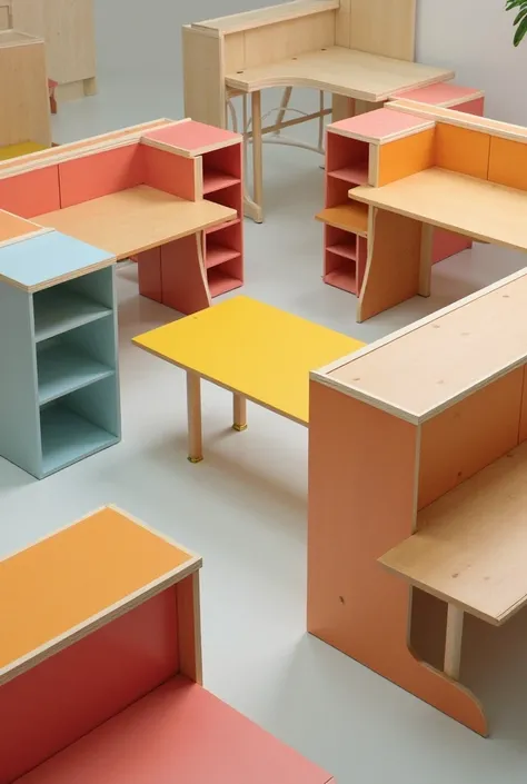 des bureaux en bois de différentes couleurs et de différentes formes sur la même image, avec des pieds ajustables 