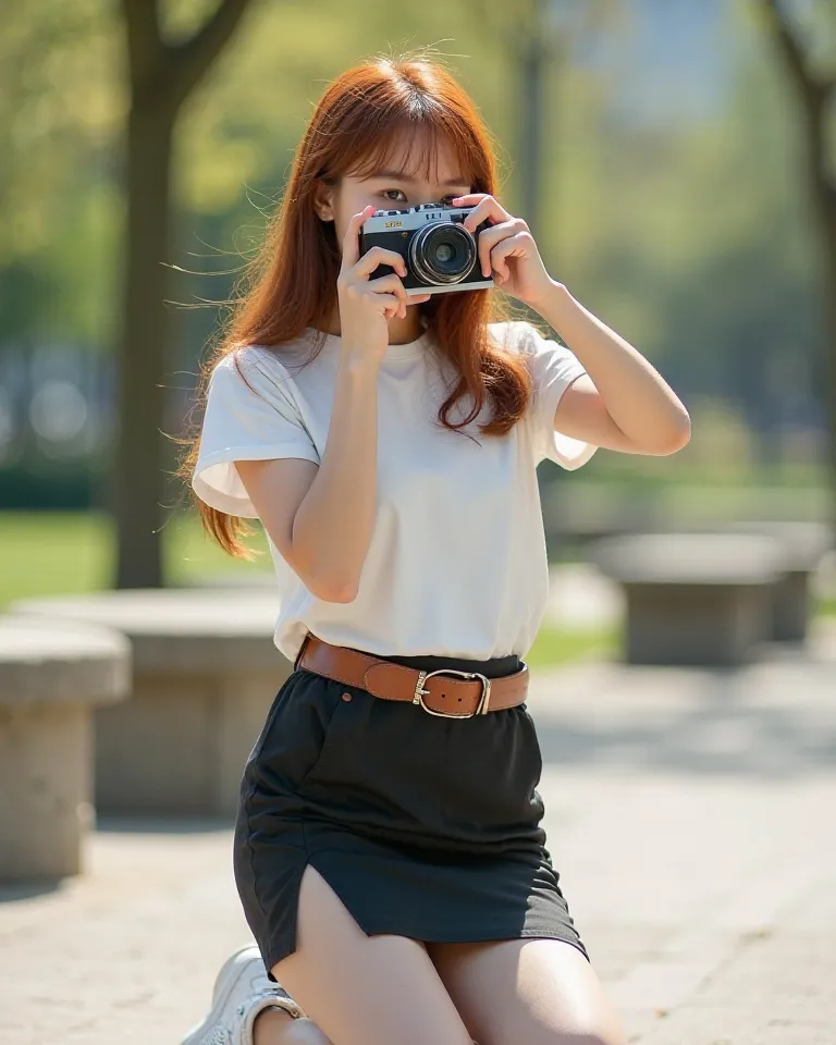 Photograph of a young Asian woman with fair skin, long auburn hair, kneeling in a sunlit park. She wears a white short-sleeved blouse, brown university belt, short black pencil skirt with side slits and white sneakers. She holds a vintage camera to her fac...