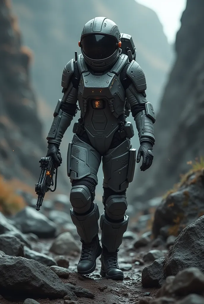 My first time here. So let's go!
 Create a realistic image, A woman fully equipped with space suits, The suit with protective plates is very functional. She is in a dark rock , on an unknown planet seeking resources for its crew. She is accompanied by a fl...