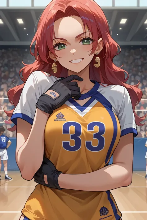  score_9,  score_8_up,  score_7_up,  score_6_up,  source_anime, BREAK 1girl, Solopovacara watching you ,  eyelashes, earrings, Black gloves,(((40 years old))), Chest Hold,volleyball uniform, Wicked Smile ,