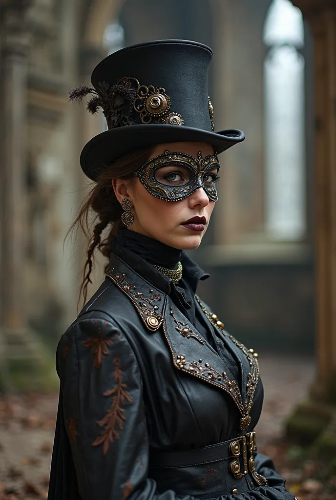 La nuit, portrait d'une femme en costume steampunk victorien masquée, devant les ruines d'une vieille chapelle; femme masquée sophistiqué en costume steampunk victorien cuir brun, nombreux accessoires, masquée, demi masque vénitien en cuir noir à motifs, g...