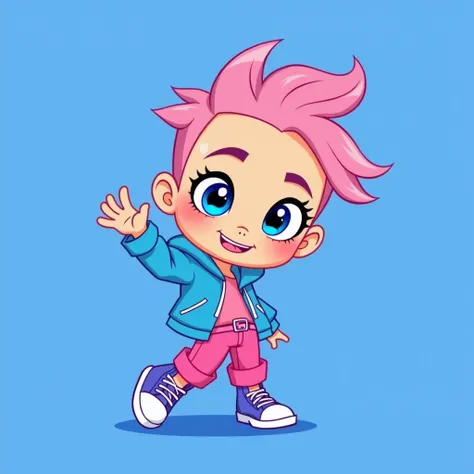 
a cartoon character of a girl with pink hair and blue eyes, cute cartoon character, cartoon style illustration, cartoon artstyle, cartoon art style, candypunk character design, cute character, pink iconic character, cute girl with short pink hair, cute ca...