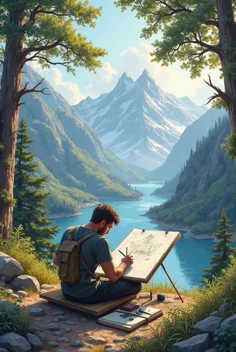 An artist sitting in the middle of nature, sketching the creation of the world in a large sketchbook. He is the author of the universe, and with each stroke of his pencil, he shapes majestic mountains, serene rivers, and starry skies. His open-air studio i...