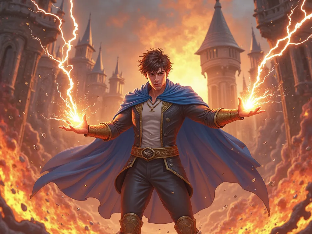 Face Brown-haired Prince lightning powers blue cape screaming in a burning kingdom realistic medieval anime style 