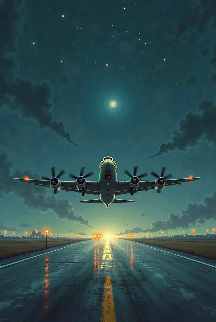 2. *Illustration d’un avion mystérieusement atterrissant dans un aéroport moderne :*  
   "A vintage airplane, appearing out of nowhere, landing on a modern airport runway at night, with mysterious glowing lights in the background."