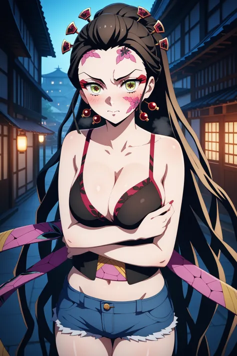 masterpiece,best quality,{{detailed beautiful face and eyes}}, very detailed background,
Daki,{{{megami magazine}}},very long hair,black hair,hair ornament,facial mark,forehead,single hair bun,green eyes,medium breasts,
camisole, bare shoulders, cleavage, ...