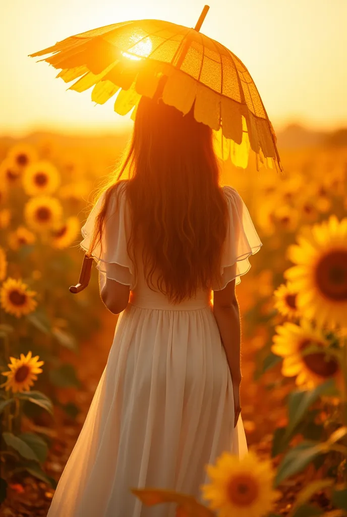 "A photorealistic, surreal, and award-winning portrait of a young, beautiful girl with long, flowing brown hair, wearing a light, flowing white dress, standing in a golden sunflower field under a warm sunset, holding a giant, glowing sunflower as an umbrel...