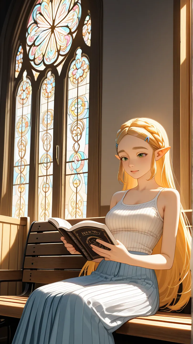 Princess Zelda in the real world as a faithful religious from an evangelical church in Brazil reading the Bible wearing a white ribbed tank top , skirt,  sitting on a church bench  