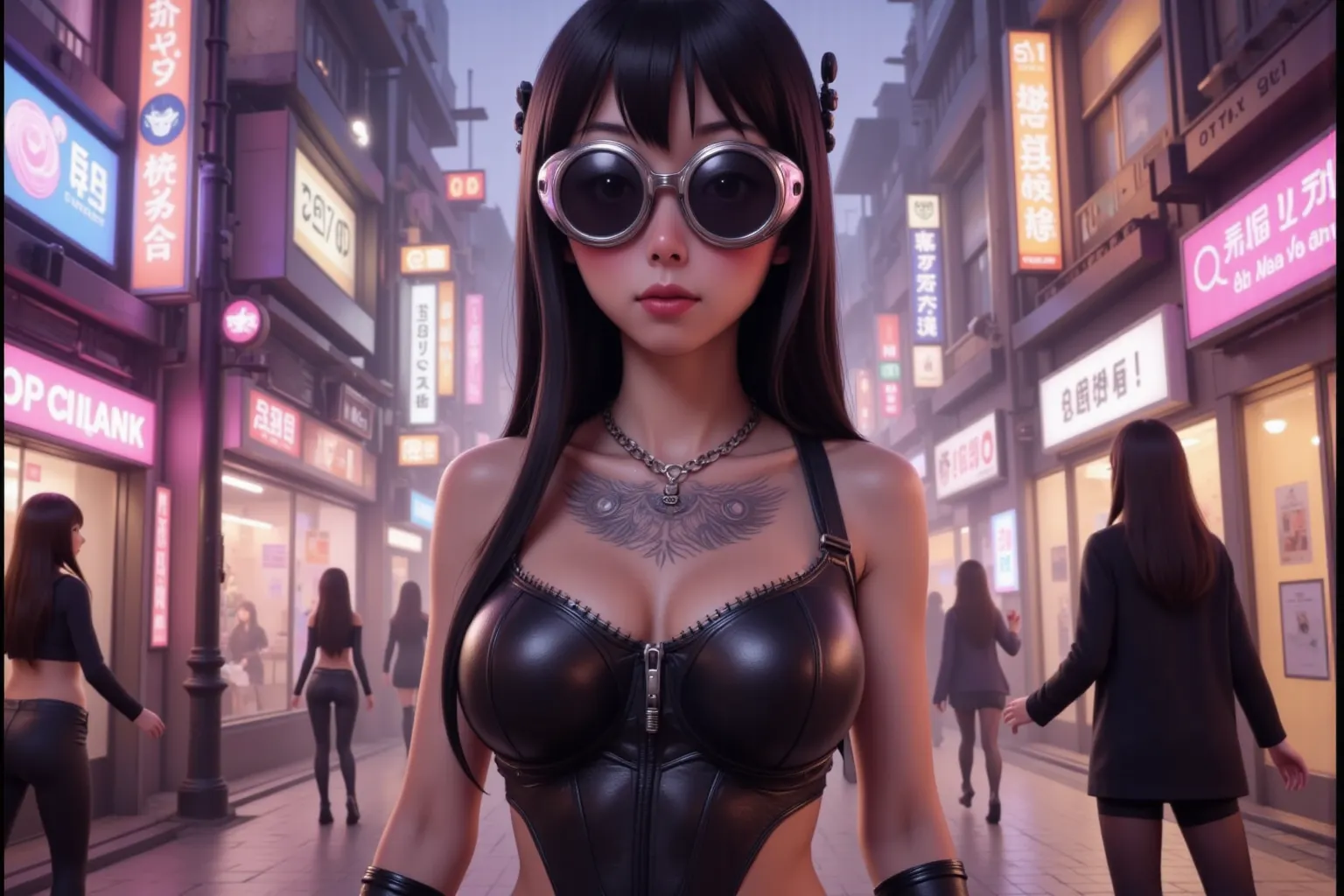 Woman (cute, chrome goggles, sexy outfit, saggy natural breasts huge, sexy black leather outfit, many blinking gadget accessories), confident walk through futuristic alien city (Cybertron of Transformers fame, living metal city, ultra high tech, robots in ...