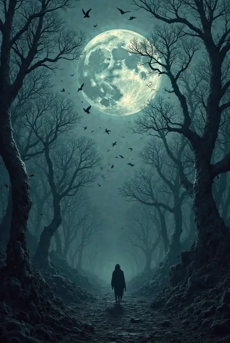 A picture of darkness and a moon of terror, many trees with leaves, crows flying 