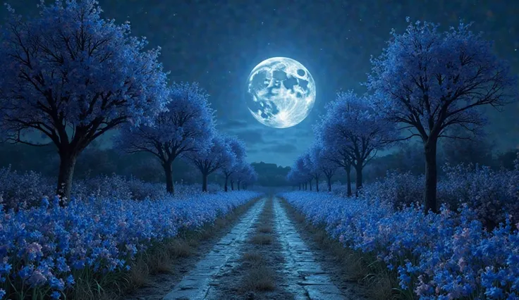 A extremely masterpiece 8k 3d animation image of a very old village road and both sides are covered with very beautiful Blue flowers and a very beautiful moon is front of the road in the very dark and beautiful night 