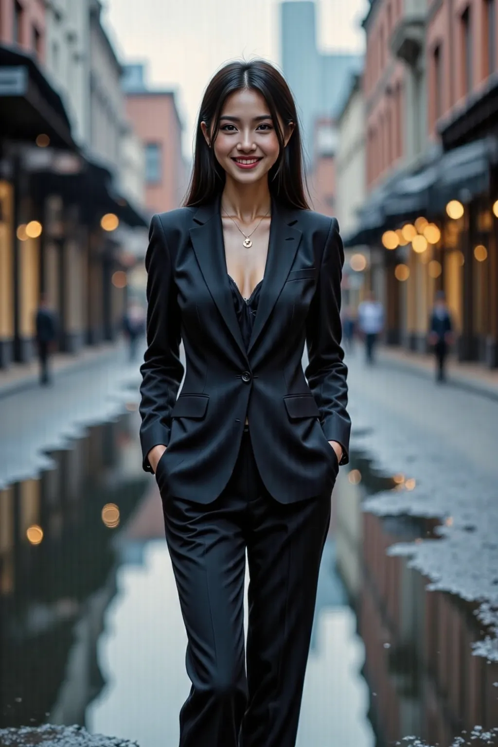 She is wearing a black tight suit. with a bright smile on the street.There is also a water pit on the street.