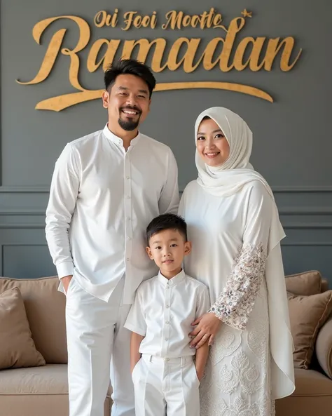 Heartwarming family portrait of a 25-year-old father, son , and the 22 year old mother wearing matching white clothes. The father was wearing a white muslim shirt,white pants, White Peci , white sandals, while the son , , matched her with similar clothes. ...