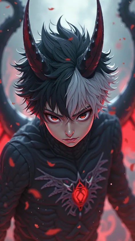 demon masculin 20 ans ,il a des  cheveux  moitier noir et  blanc , cheveux courts,les yeux noir , il a des cornes sur la tete , anime, sexy, se combat 