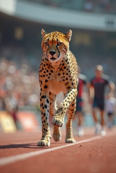 Cheetah reaches super speed on the athletics track and surpasses football players. Muscles pronounced with slow motion effect, enthusiastic spectators in the stands. Footballers look at the cheetah in shock."

