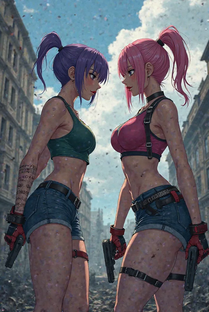 Can you generate an anime-style image of a post-apocalyptic world??, where zombies are everywhere. Adding with the figures of two full-bodied women fighting them with such courage. One with short purple hair looks a lot like Jill Valentine from the Residen...