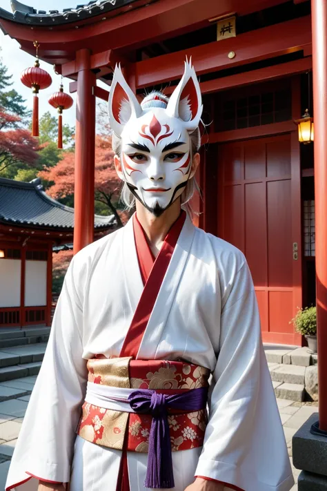 Beautiful Boy Wearing a White Fox Mask、 Silver Hair、 purple eyes、Japanese clothing、 is a shrine in the background、Foxfire
