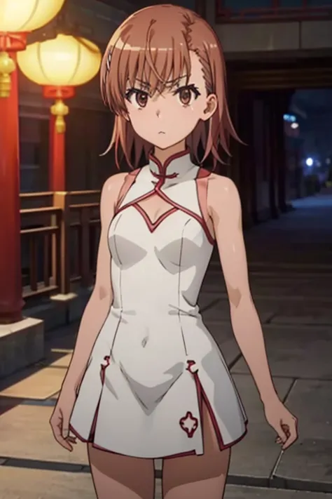 Misaka Mikoto、A Certain Scientific Railgun、girl、Small breasts、whole body、bare shoulders, china dress, chinese clothes, short dress, cleavage cutout, sideboob, thighs,、best quality,