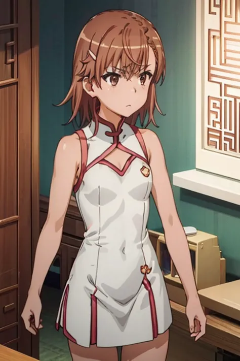 Misaka Mikoto、A Certain Scientific Railgun、girl、Small breasts、whole body、bare shoulders, china dress, chinese clothes, short dress, cleavage cutout, sideboob, thighs,、best quality,